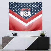Rectangular USA tapestry wall hanging with stars above, red/white/blue chevron, YOUR TEXT USA