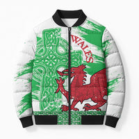Grunge Green Wales Bomber Puffer Jacket Celtic Cross Welsh Red Dragon - Wonder Print Shop