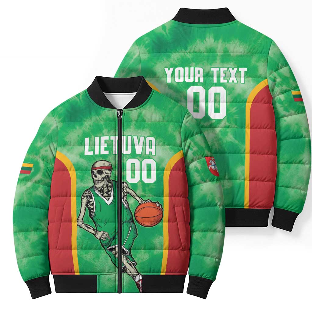 Lithuania Tie Dye Basketball Custom Bomber Puffer Jacket Lietuva Skeleton Green - Wonder Print Shop