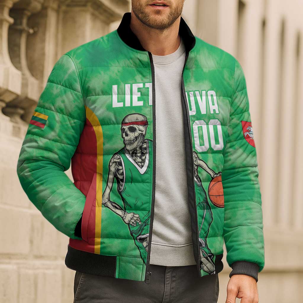 Lithuania Tie Dye Basketball Custom Bomber Puffer Jacket Lietuva Skeleton Green - Wonder Print Shop