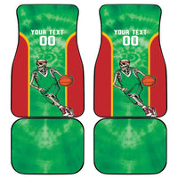 Set of custom basketball tie-dye car mats in green with red side stripes and skeleton player