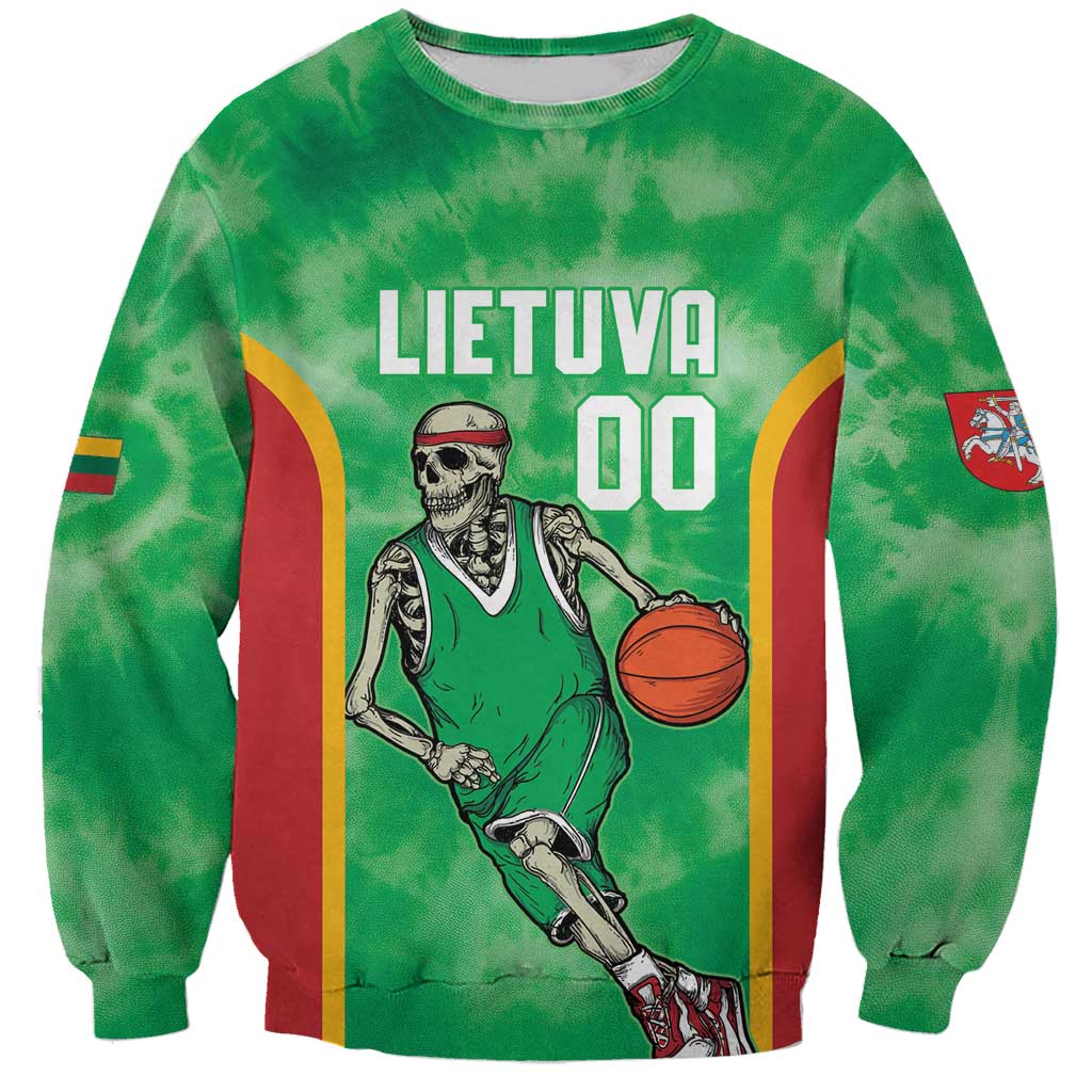 Lithuania Tie Dye Basketball Custom Sweatshirt Lietuva Skeleton Green - Wonder Print Shop
