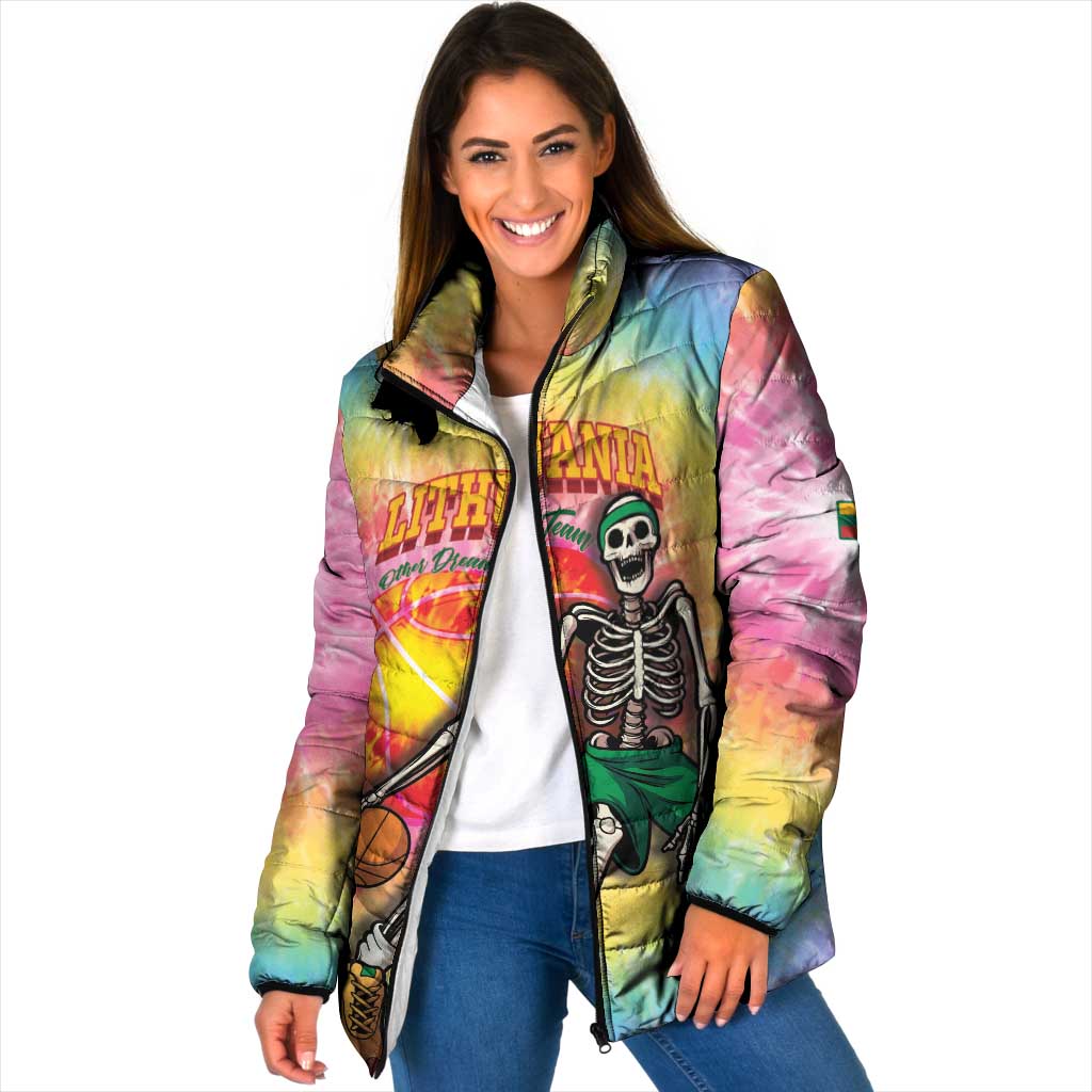 Lithuania Basketball Custom Padded Jacket 100th Anniversary Skeleton Colorful Tie Dye - Wonder Print Shop