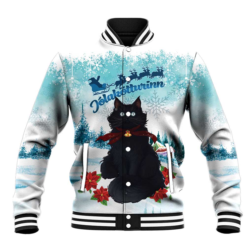 Blue winter baseball jacket with black cat graphic and red poinsettia flowers, button front