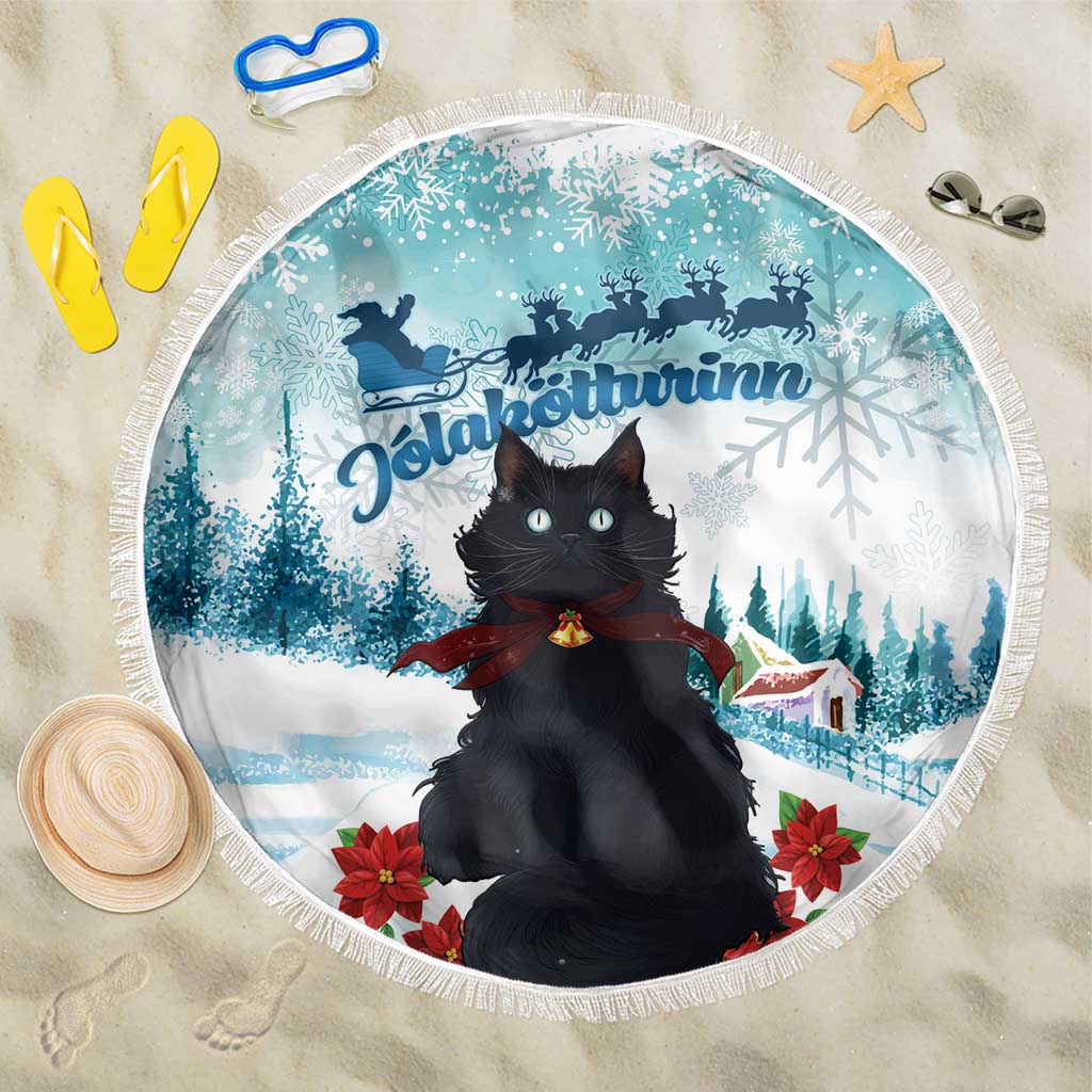 Iceland Yule Cat Christmas Beach Blanket Jolakotturinn With Poinsettia - Winter Vibes - Wonder Print Shop