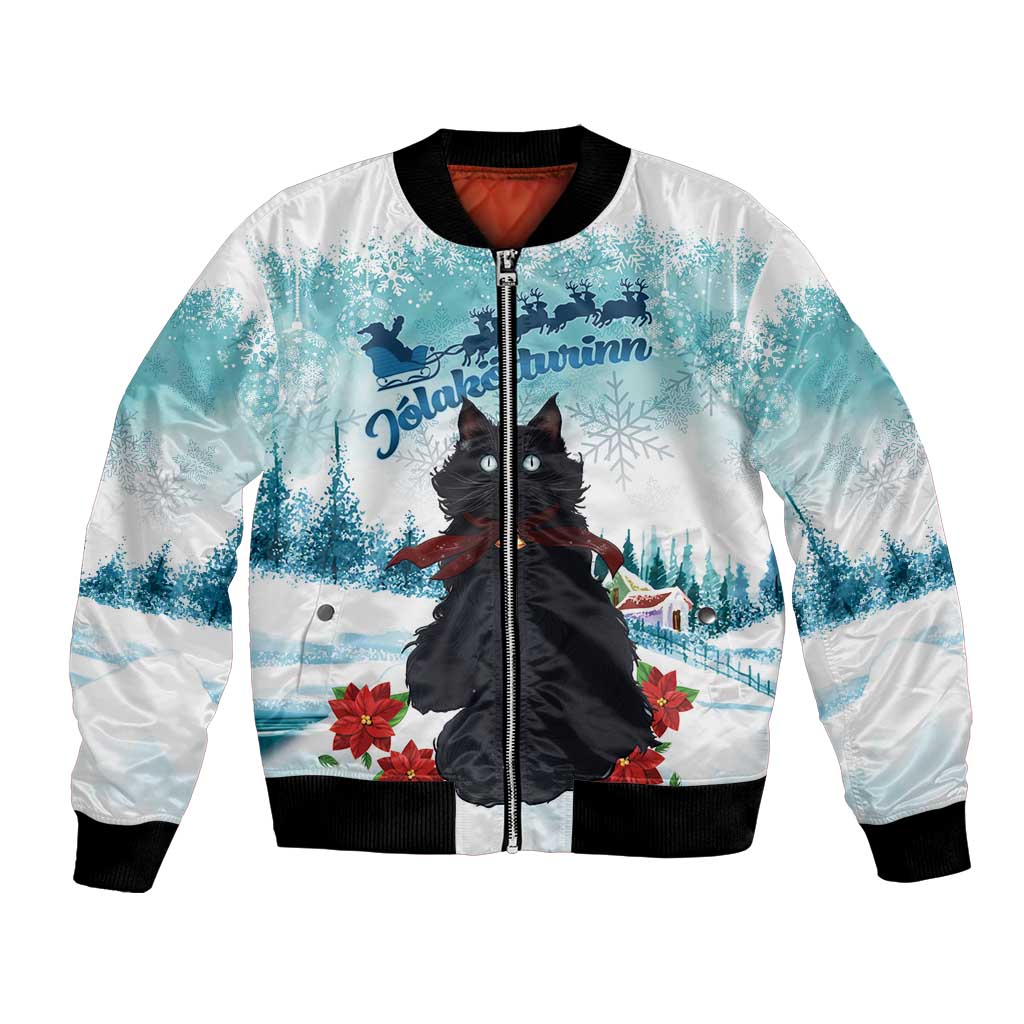 Unisex blue and white bomber jacket with black cat graphic, front zipper, ribbed cuffs
