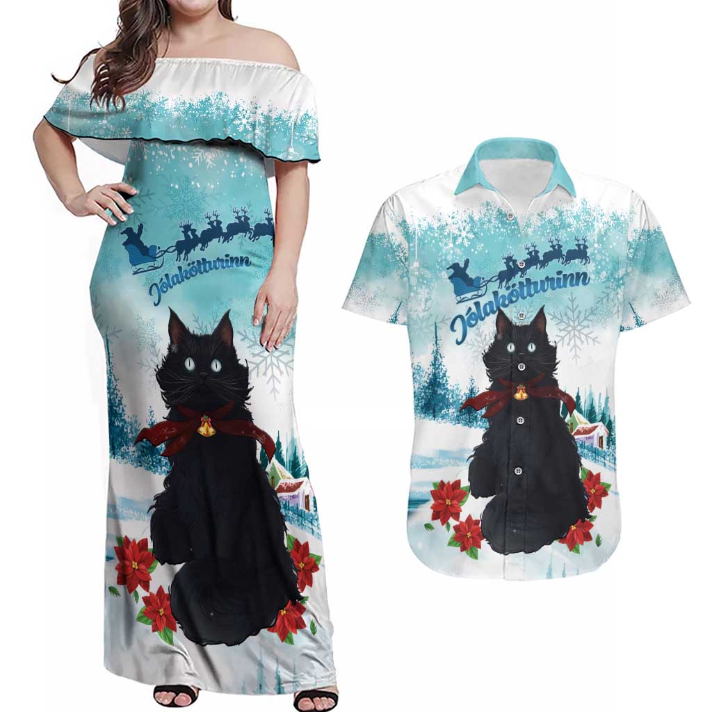 Iceland Yule Cat Christmas Couples Matching Off Shoulder Maxi Dress and Hawaiian Shirt Jolakotturinn With Poinsettia - Winter Vibes - Wonder Print Shop