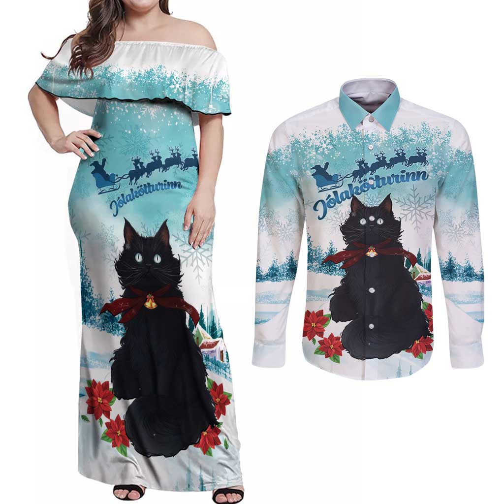 Iceland Yule Cat Christmas Couples Matching Off Shoulder Maxi Dress and Long Sleeve Button Shirt Jolakotturinn With Poinsettia - Winter Vibes - Wonder Print Shop