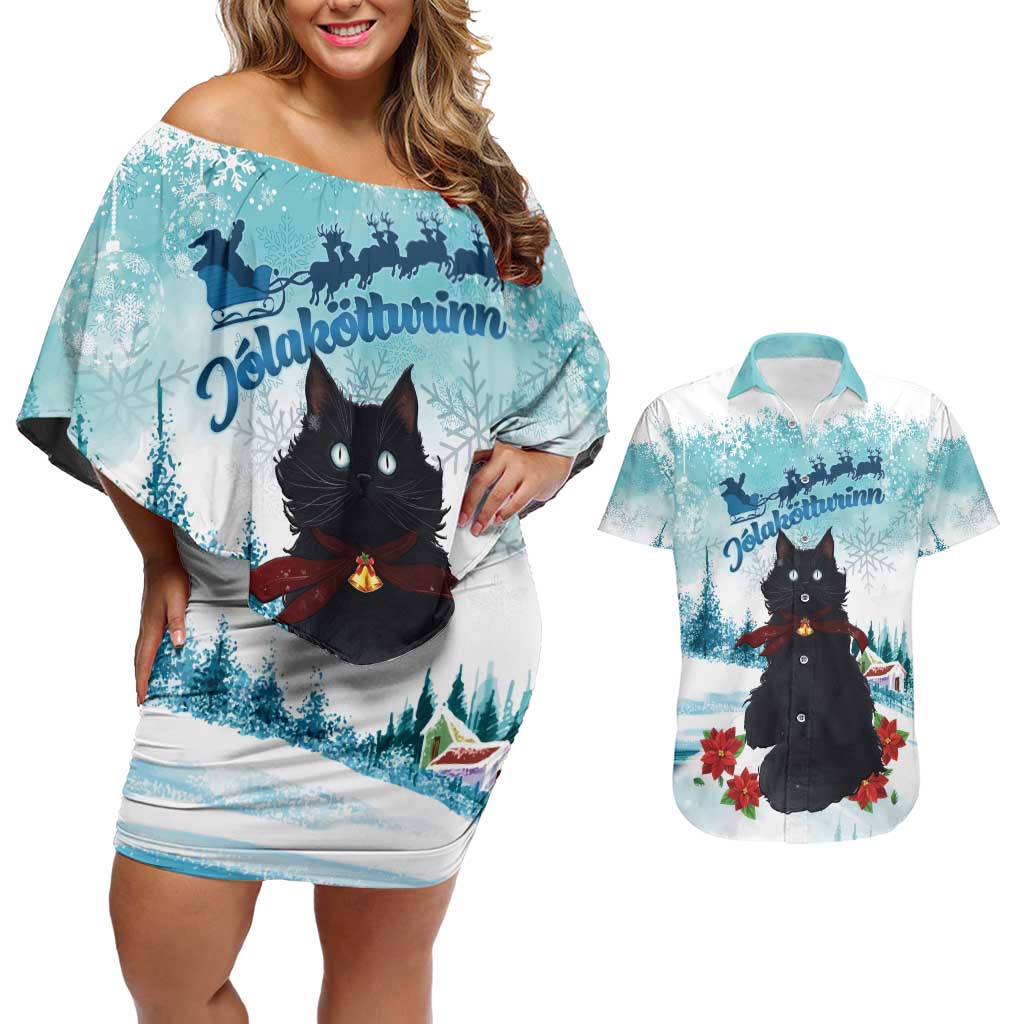 Iceland Yule Cat Christmas Couples Matching Off Shoulder Short Dress and Hawaiian Shirt Jolakotturinn With Poinsettia - Winter Vibes - Wonder Print Shop