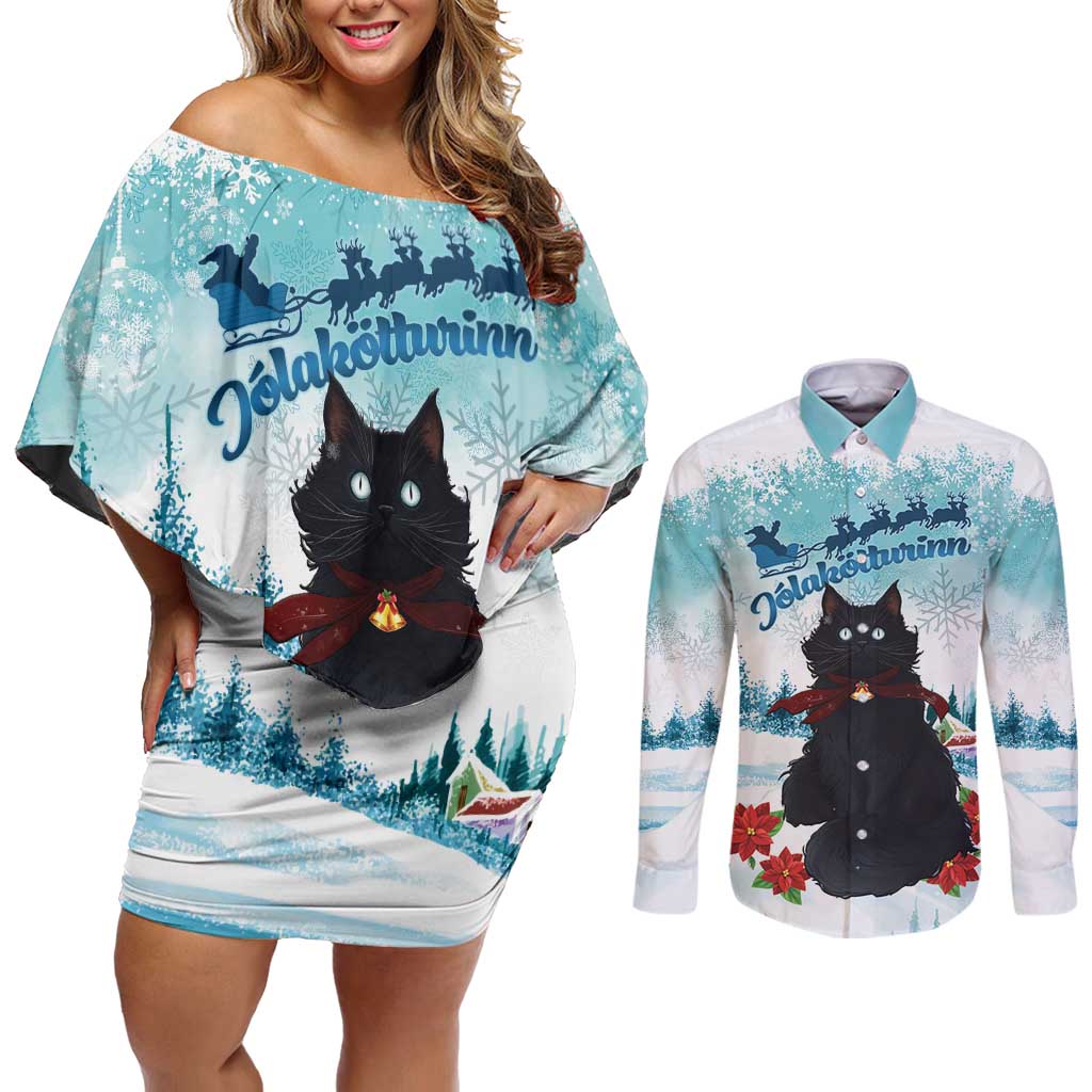 Iceland Yule Cat Christmas Couples Matching Off Shoulder Short Dress and Long Sleeve Button Shirt Jolakotturinn With Poinsettia - Winter Vibes - Wonder Print Shop