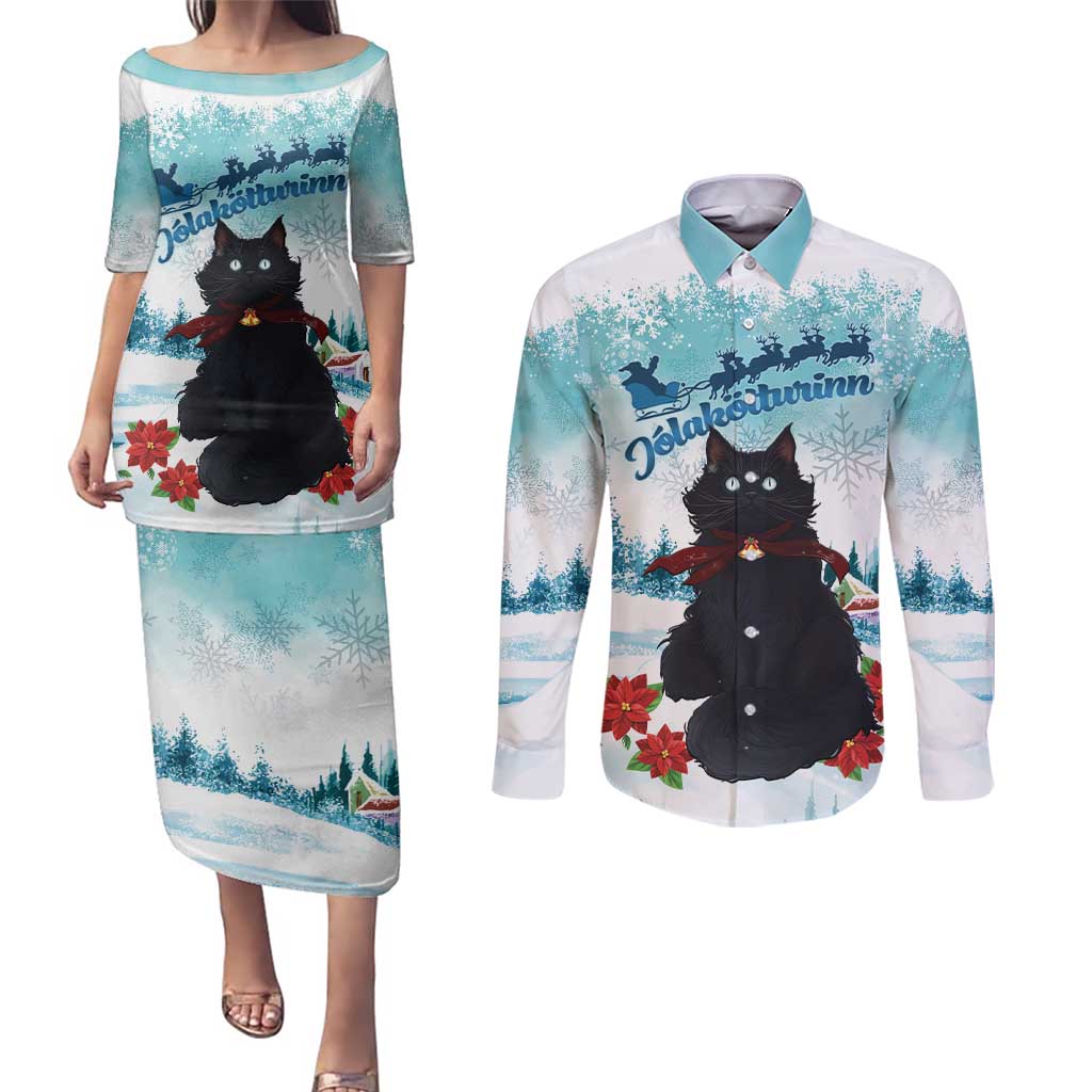 Iceland Yule Cat Christmas Couples Matching Puletasi and Long Sleeve Button Shirt Jolakotturinn With Poinsettia - Winter Vibes - Wonder Print Shop