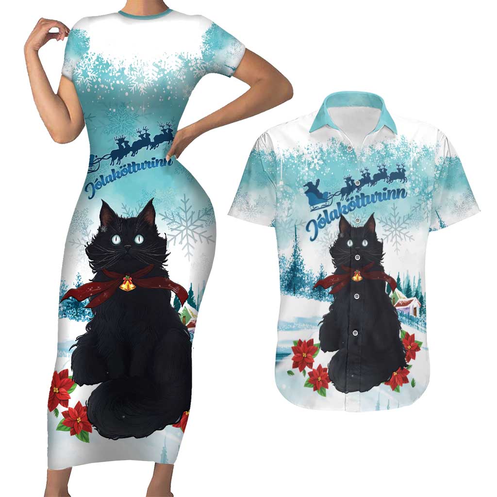 Iceland Yule Cat Christmas Couples Matching Short Sleeve Bodycon Dress and Hawaiian Shirt Jolakotturinn With Poinsettia - Winter Vibes - Wonder Print Shop