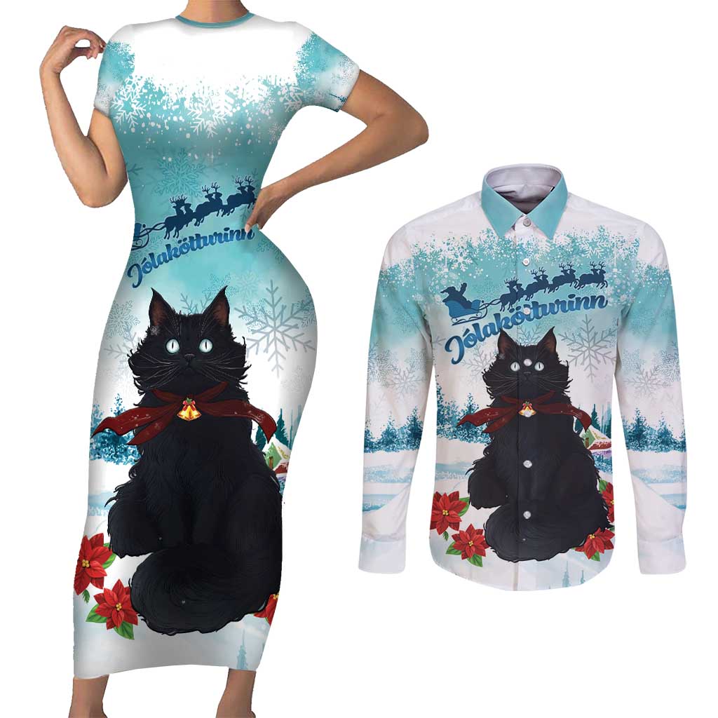 Iceland Yule Cat Christmas Couples Matching Short Sleeve Bodycon Dress and Long Sleeve Button Shirt Jolakotturinn With Poinsettia - Winter Vibes - Wonder Print Shop