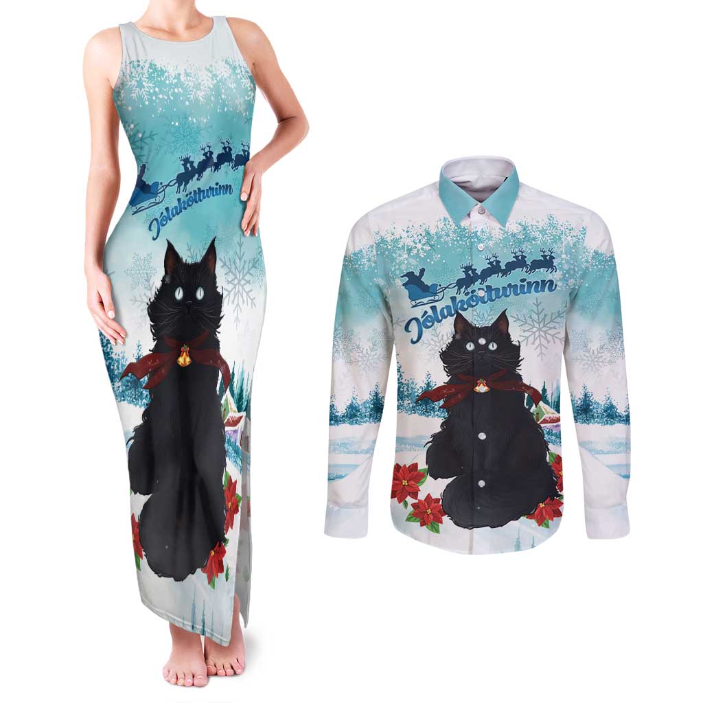 Iceland Yule Cat Christmas Couples Matching Tank Maxi Dress and Long Sleeve Button Shirt Jolakotturinn With Poinsettia - Winter Vibes - Wonder Print Shop