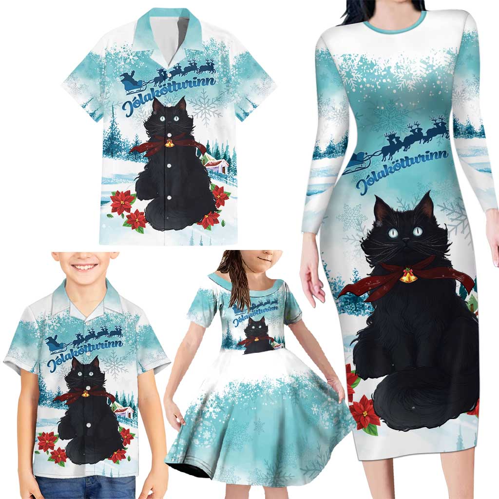 Iceland Yule Cat Christmas Family Matching Long Sleeve Bodycon Dress and Hawaiian Shirt Jolakotturinn With Poinsettia - Winter Vibes - Wonder Print Shop