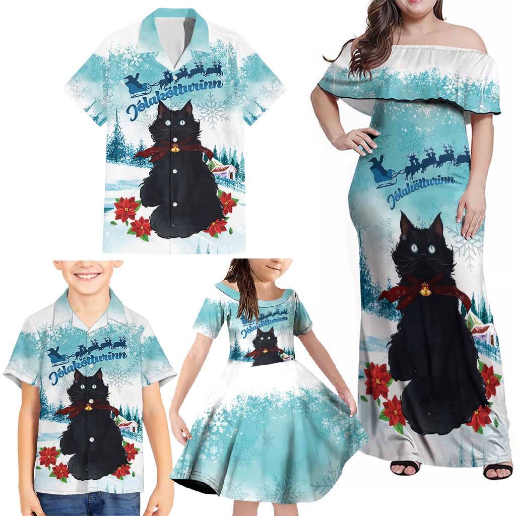 Iceland Yule Cat Christmas Family Matching Off Shoulder Maxi Dress and Hawaiian Shirt Jolakotturinn With Poinsettia - Winter Vibes - Wonder Print Shop