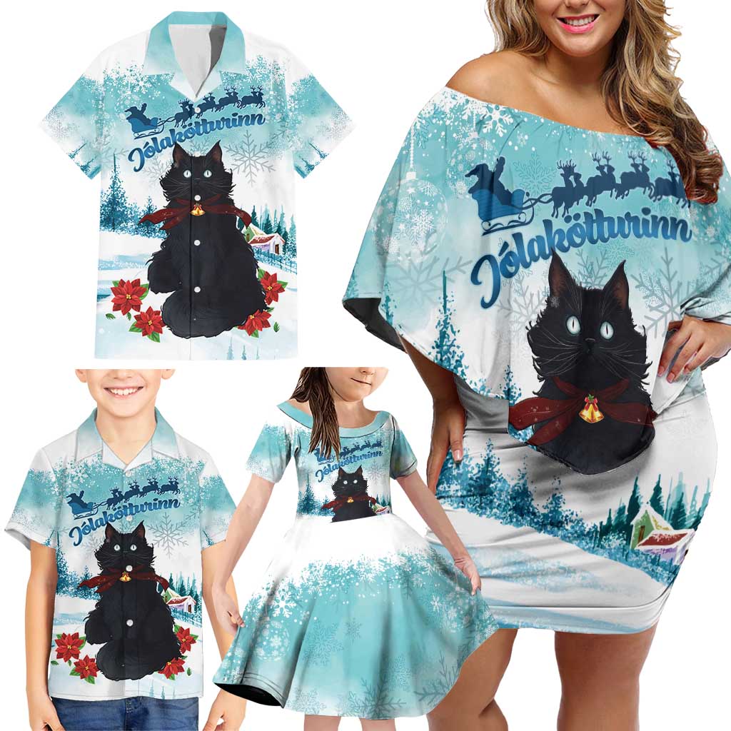 Iceland Yule Cat Christmas Family Matching Off Shoulder Short Dress and Hawaiian Shirt Jolakotturinn With Poinsettia - Winter Vibes - Wonder Print Shop