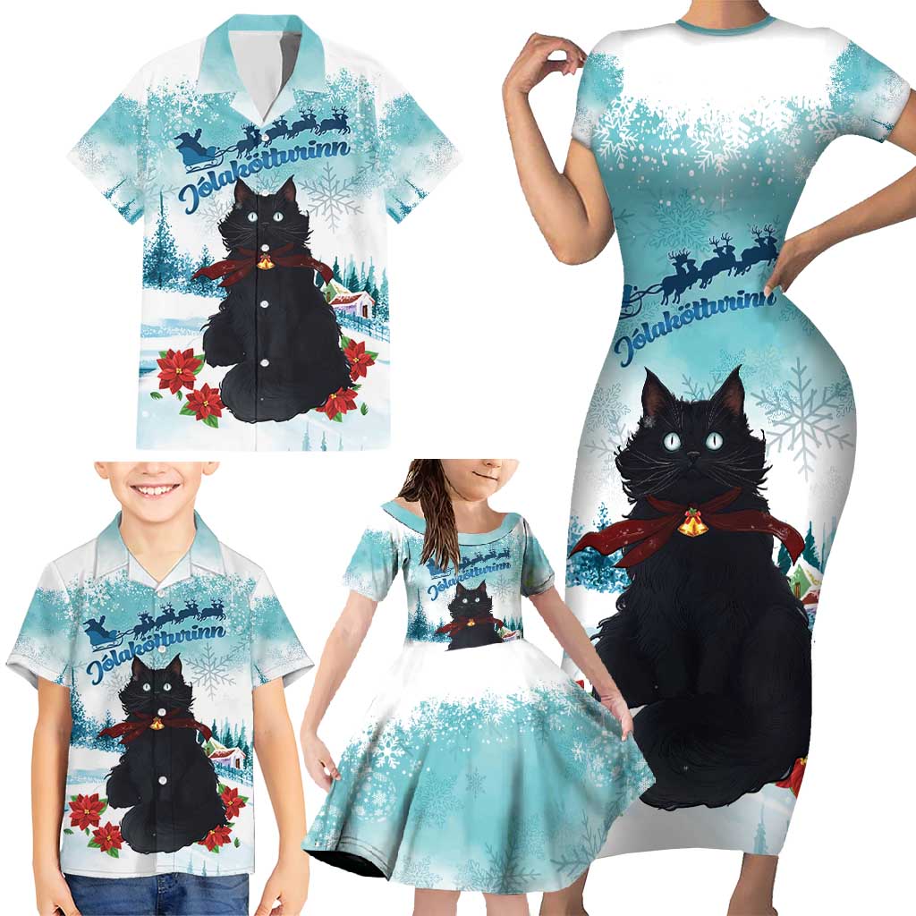 Iceland Yule Cat Christmas Family Matching Short Sleeve Bodycon Dress and Hawaiian Shirt Jolakotturinn With Poinsettia - Winter Vibes - Wonder Print Shop