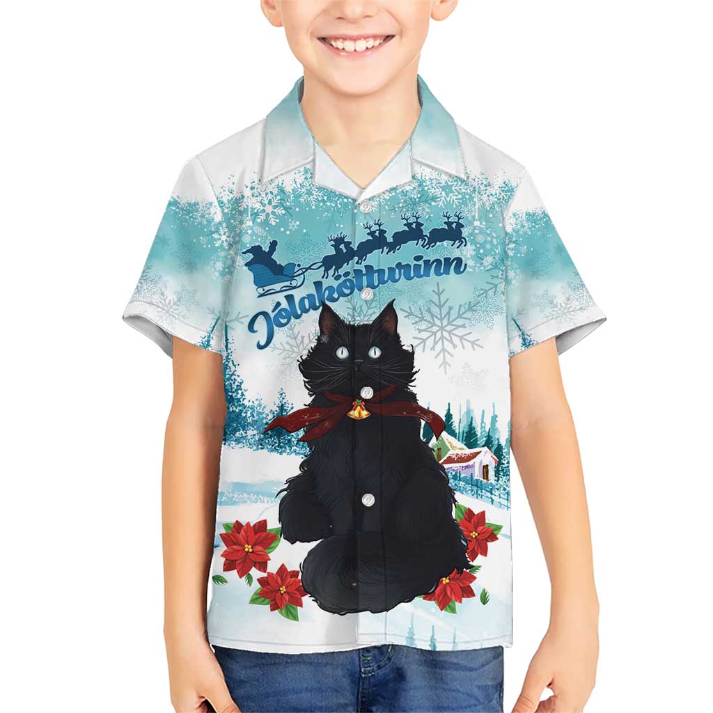 Iceland Yule Cat Christmas Kid Hawaiian Shirt Jolakotturinn With Poinsettia - Winter Vibes - Wonder Print Shop