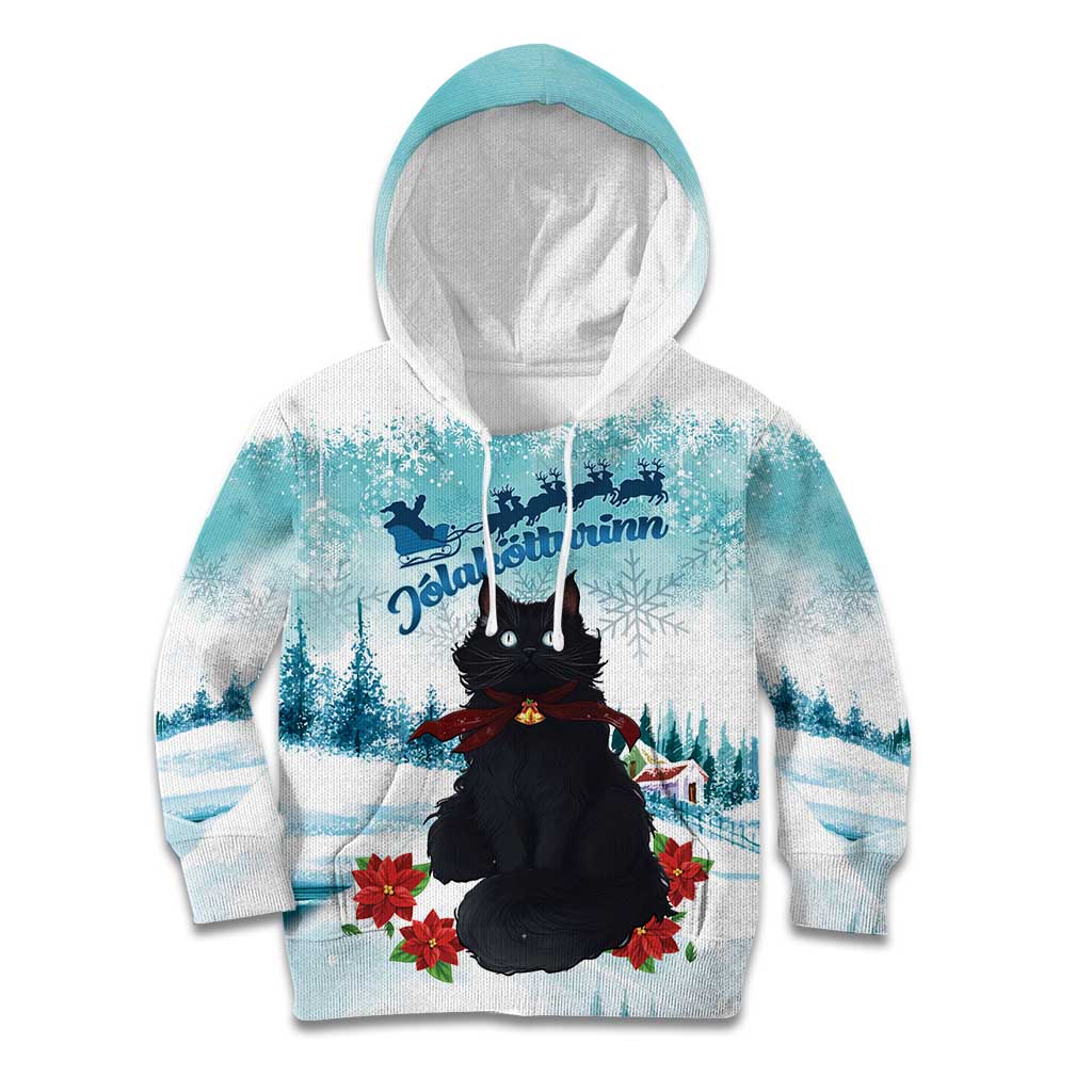 Iceland Yule Cat Christmas Kid Hoodie Jolakotturinn With Poinsettia - Winter Vibes - Wonder Print Shop