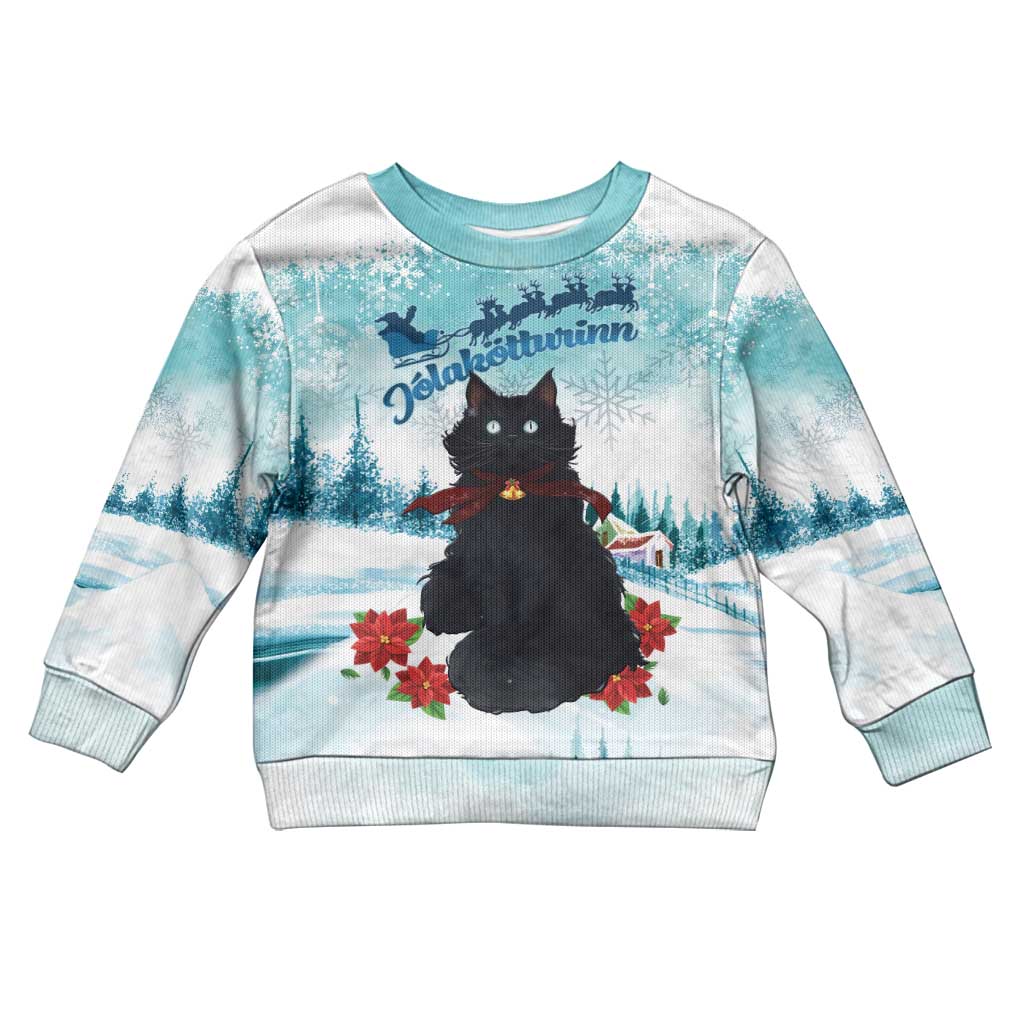 Iceland Yule Cat Christmas Kid Ugly Christmas Sweater Jolakotturinn With Poinsettia - Winter Vibes - Wonder Print Shop