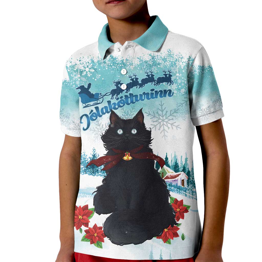 Iceland Yule Cat Christmas Kid Polo Shirt Jolakotturinn With Poinsettia - Winter Vibes - Wonder Print Shop