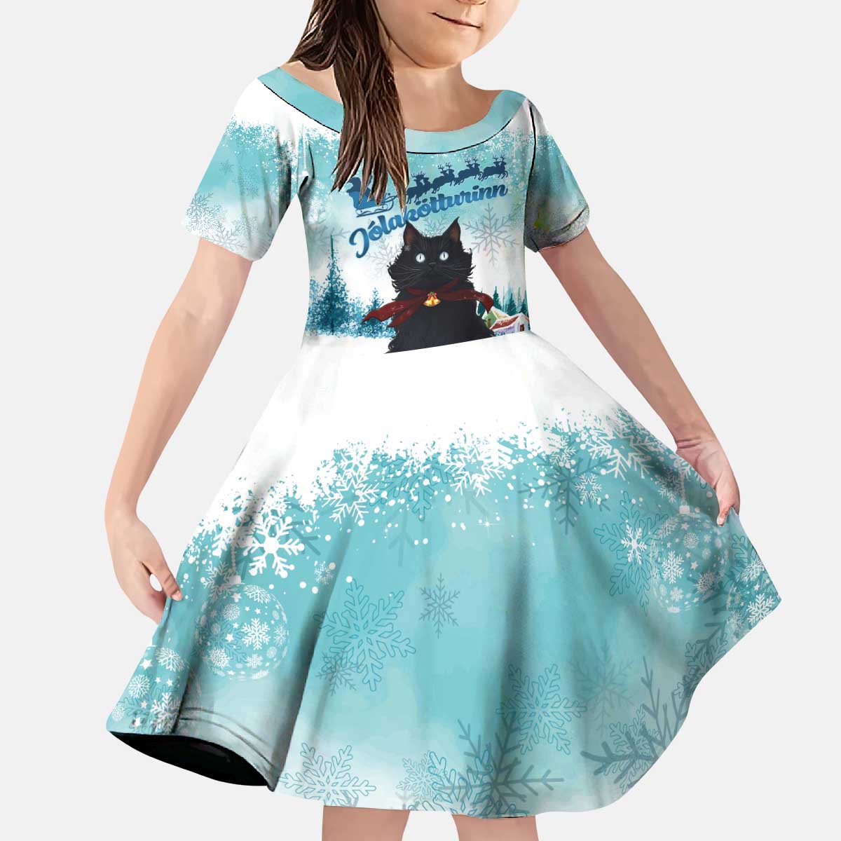 Iceland Yule Cat Christmas Kid Short Sleeve Dress Jolakotturinn With Poinsettia - Winter Vibes - Wonder Print Shop