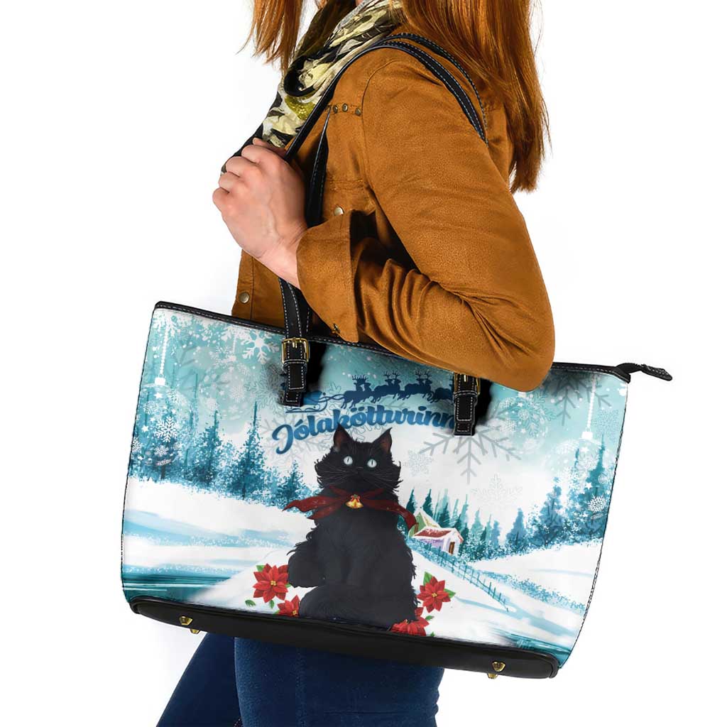 Iceland Yule Cat Christmas Leather Tote Bag Jolakotturinn With Poinsettia - Winter Vibes - Wonder Print Shop