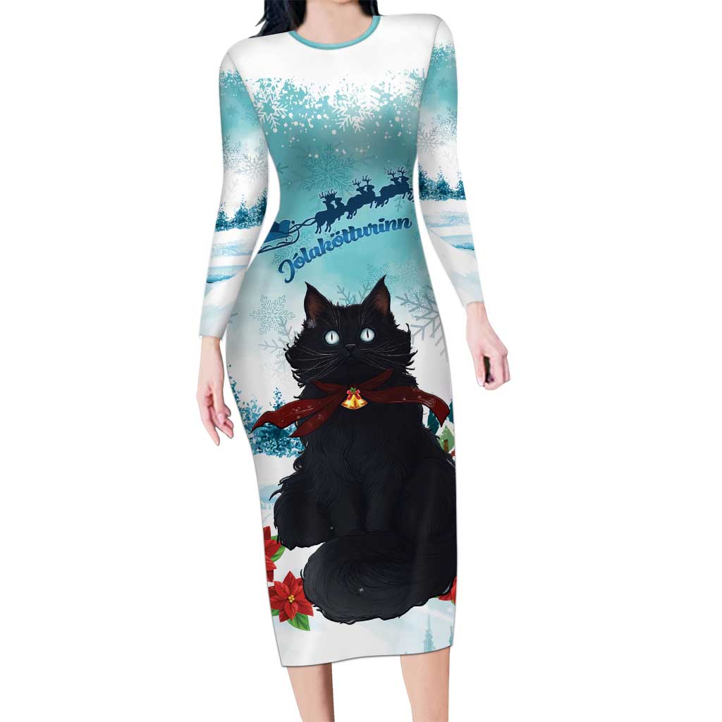 Iceland Yule Cat Christmas Long Sleeve Bodycon Dress Jolakotturinn With Poinsettia - Winter Vibes - Wonder Print Shop