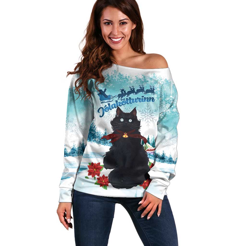 Iceland Yule Cat Christmas Off Shoulder Sweater Jolakotturinn With Poinsettia - Winter Vibes - Wonder Print Shop