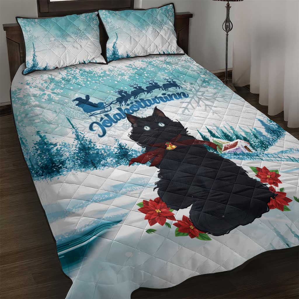 Iceland Yule Cat Christmas Quilt Bed Set Jolakotturinn With Poinsettia - Winter Vibes