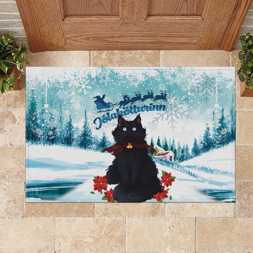 Iceland Yule Cat Christmas Rubber Doormat Jolakotturinn With Poinsettia - Winter Vibes