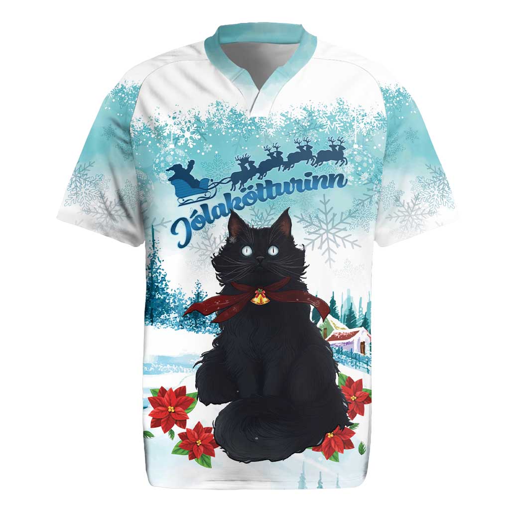 Iceland Yule Cat Christmas Rugby Jersey Jolakotturinn With Poinsettia - Winter Vibes