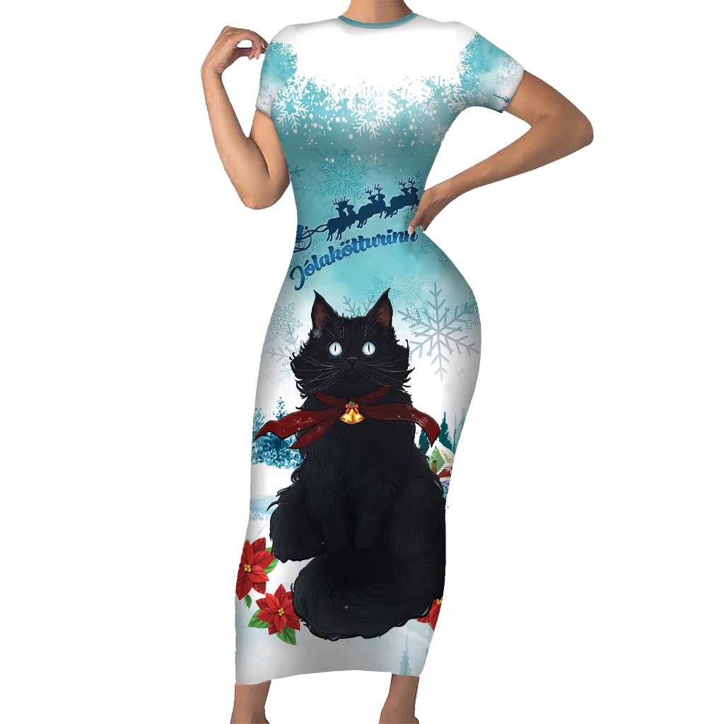 Iceland Yule Cat Christmas Short Sleeve Bodycon Dress Jolakotturinn With Poinsettia - Winter Vibes