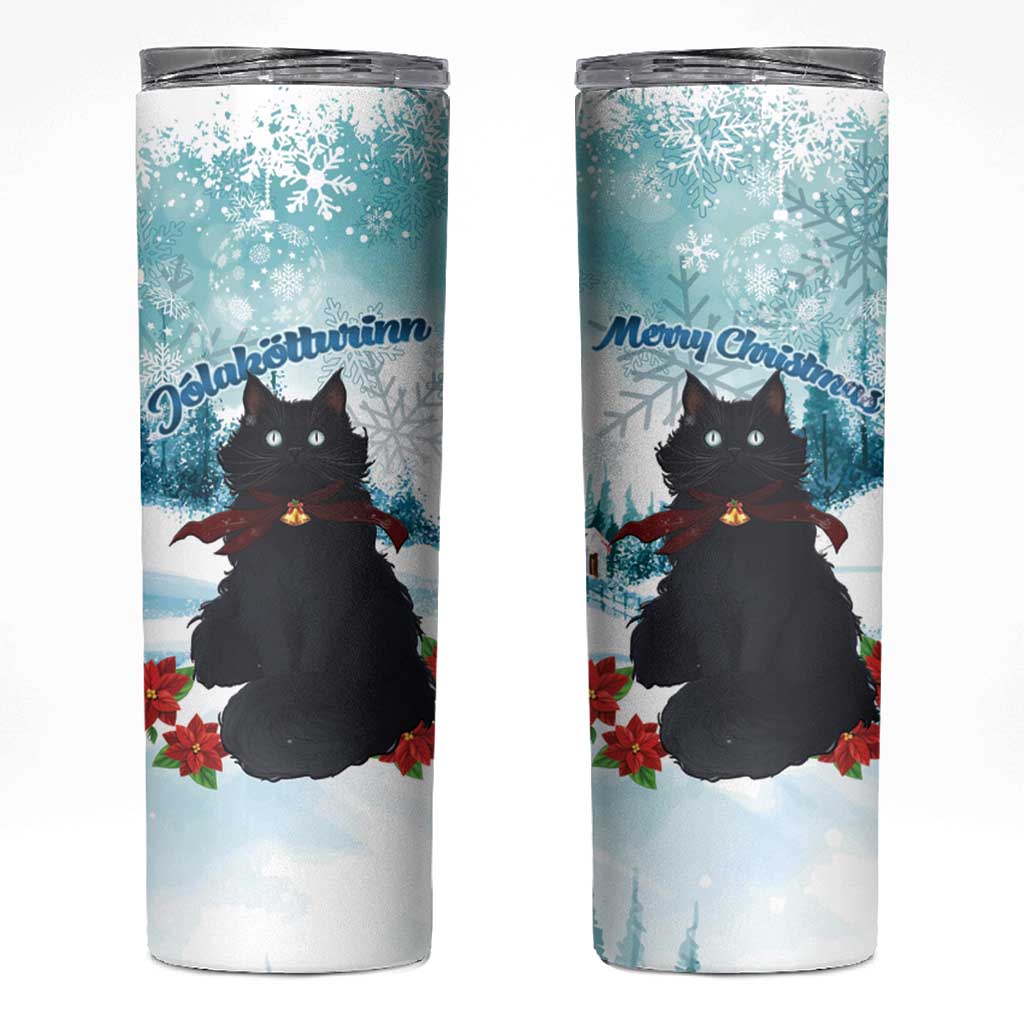 Iceland Yule Cat Christmas Skinny Tumbler Jolakotturinn With Poinsettia - Winter Vibes