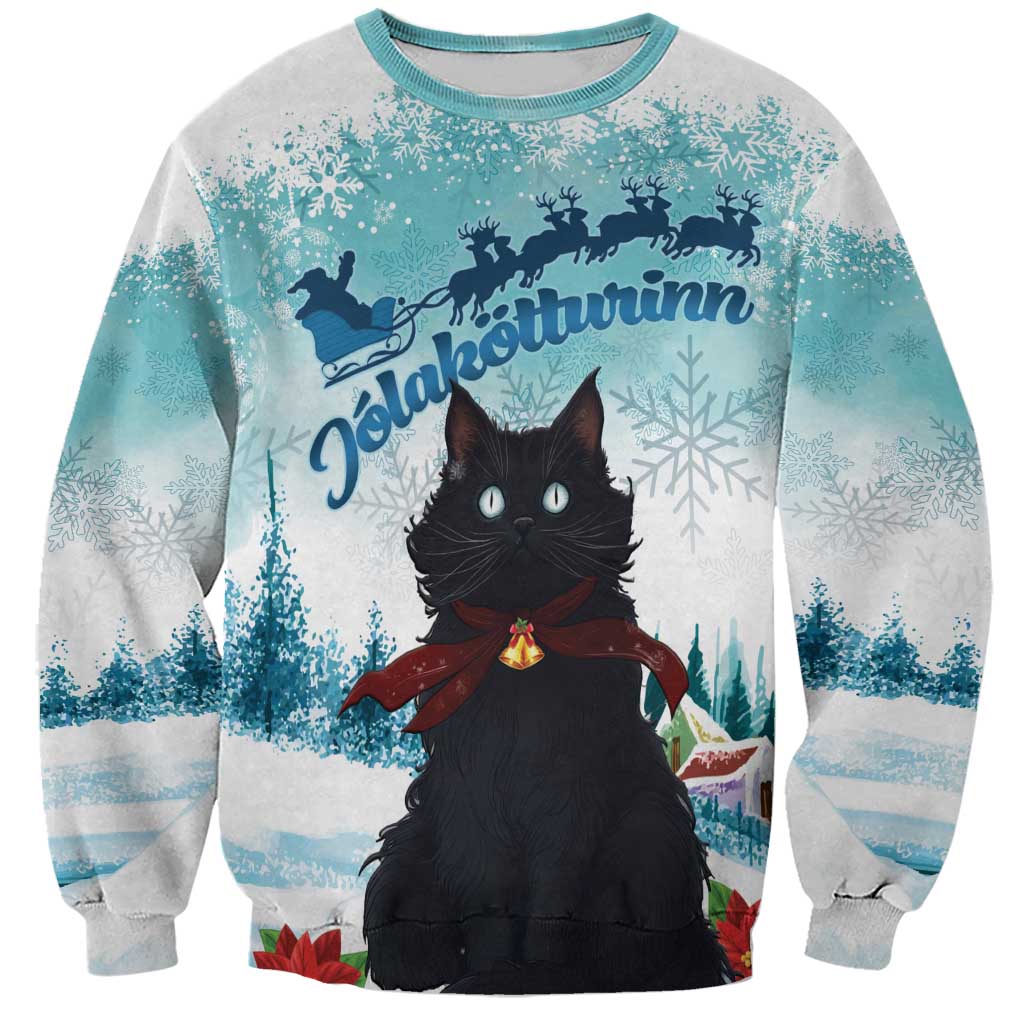 Unisex winter Christmas sweatshirt, blue and gray with black cat graphic and holly text
