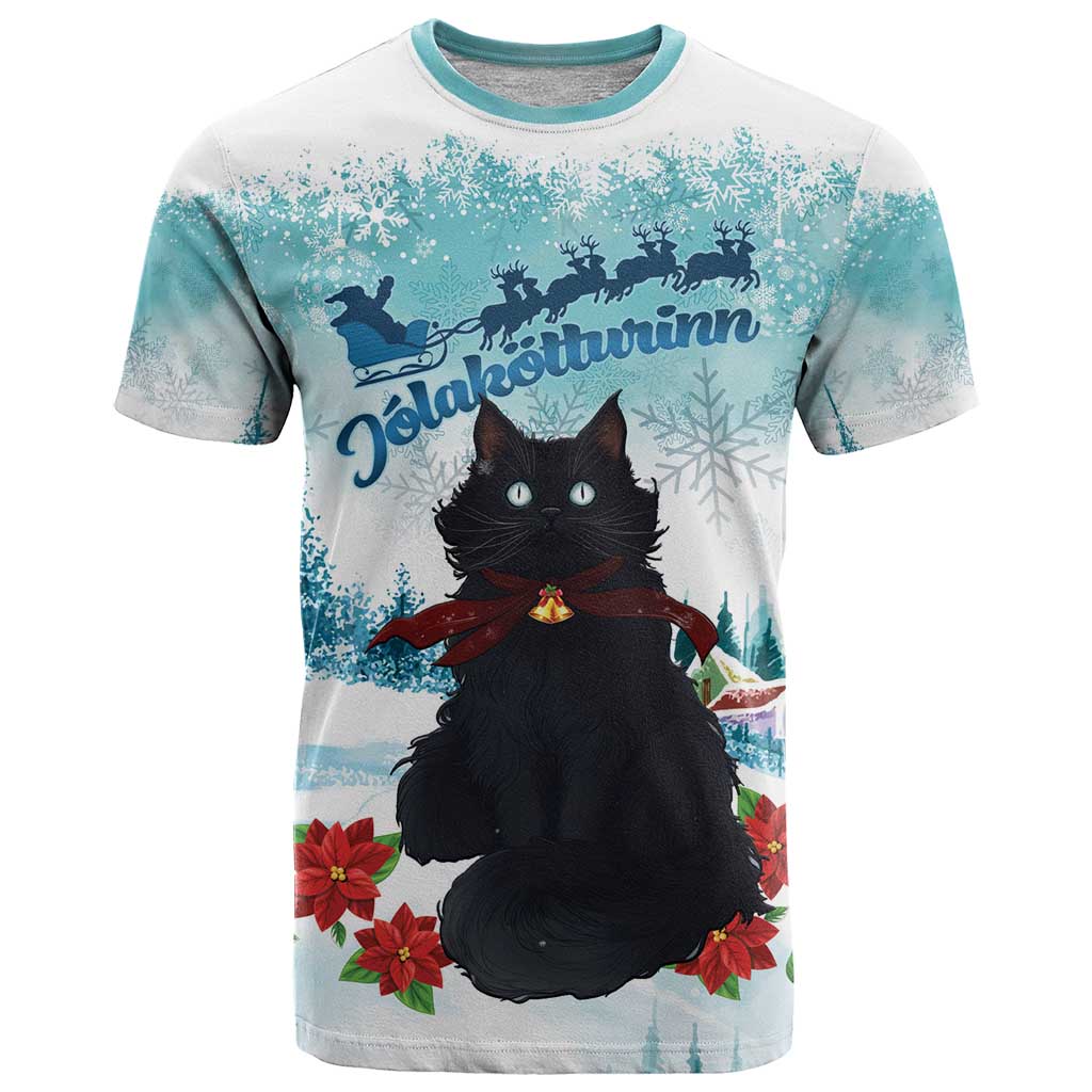 Iceland Yule Cat Christmas T Shirt Jolakotturinn With Poinsettia - Winter Vibes