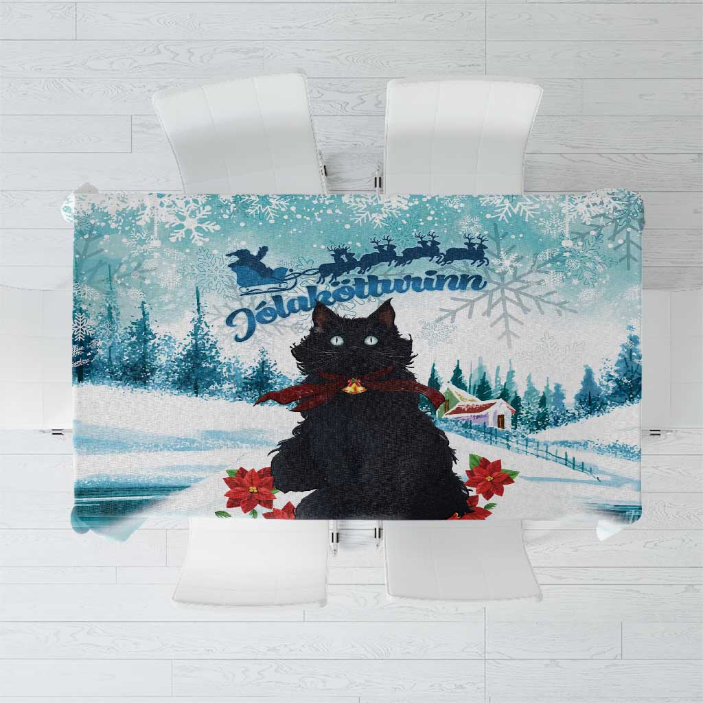 Iceland Yule Cat Christmas Tablecloth Jolakotturinn With Poinsettia - Winter Vibes