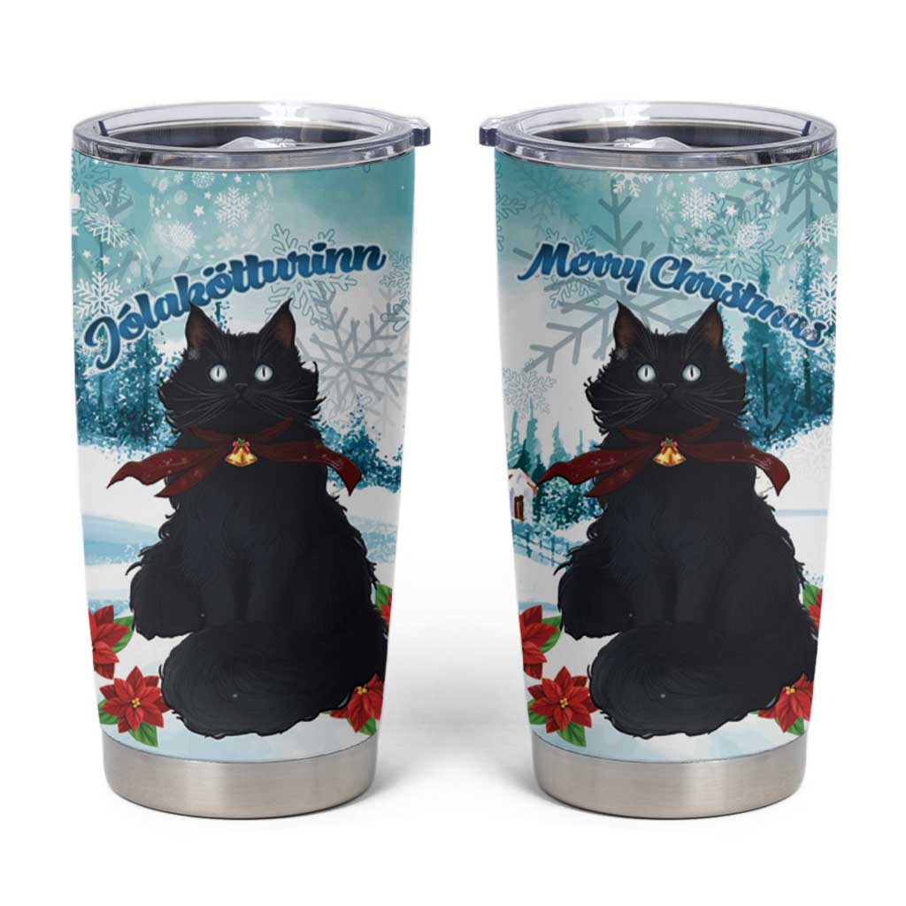 Iceland Yule Cat Christmas Tumbler Cup Jolakotturinn With Poinsettia - Winter Vibes