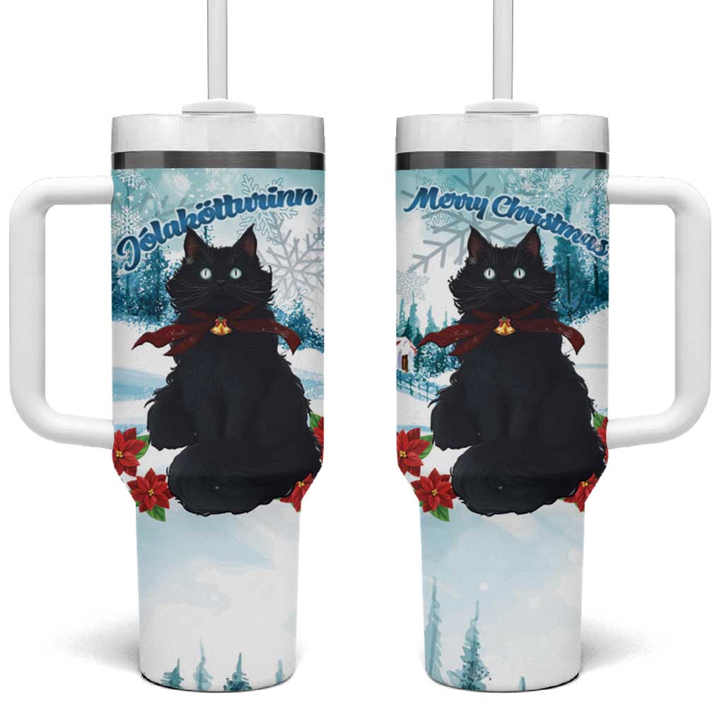 Iceland Yule Cat Christmas Tumbler With Handle Jolakotturinn With Poinsettia - Winter Vibes