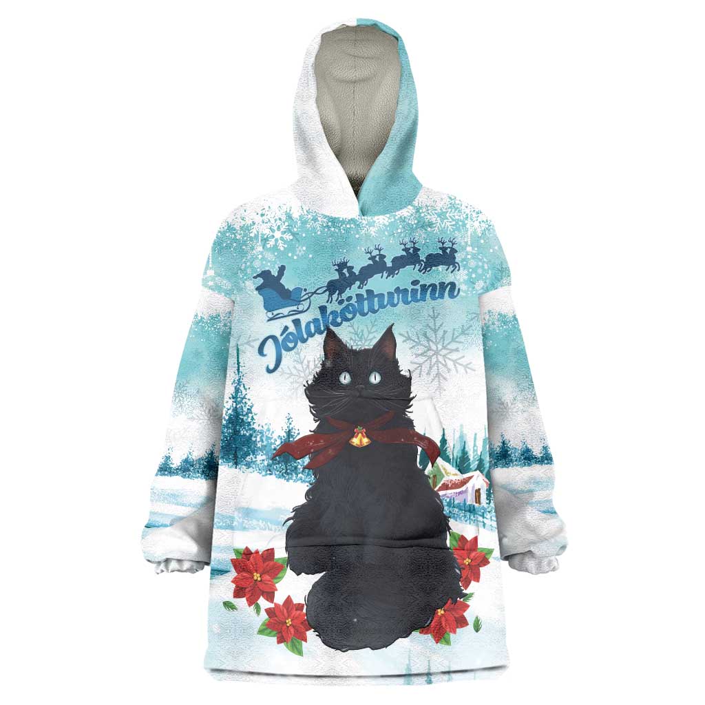 Iceland Yule Cat Christmas Wearable Blanket Hoodie Jolakotturinn With Poinsettia - Winter Vibes