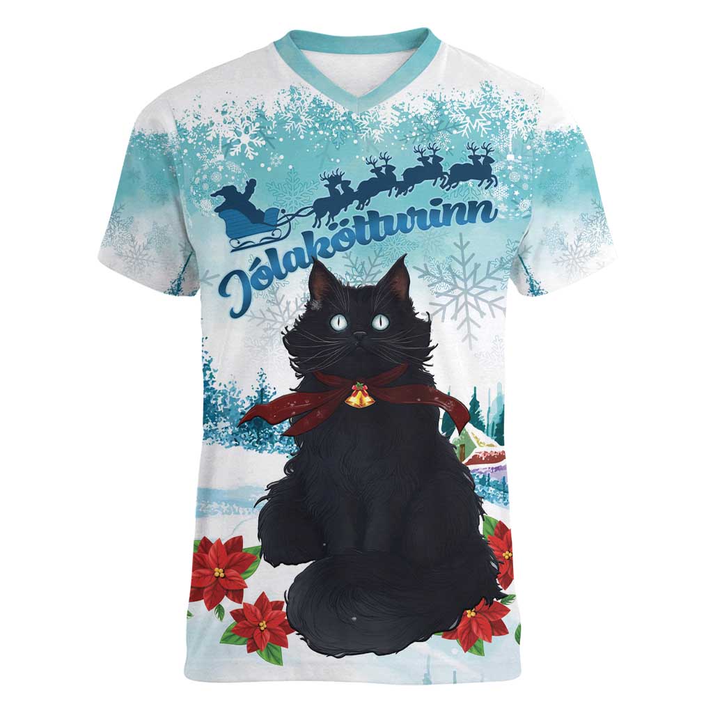 Iceland Yule Cat Christmas Women V-Neck T-Shirt Jolakotturinn With Poinsettia - Winter Vibes