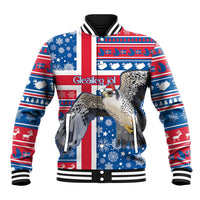 Baseball jacket with Iceland holiday graphic, blue/red/white, ribbed collar and full-zip