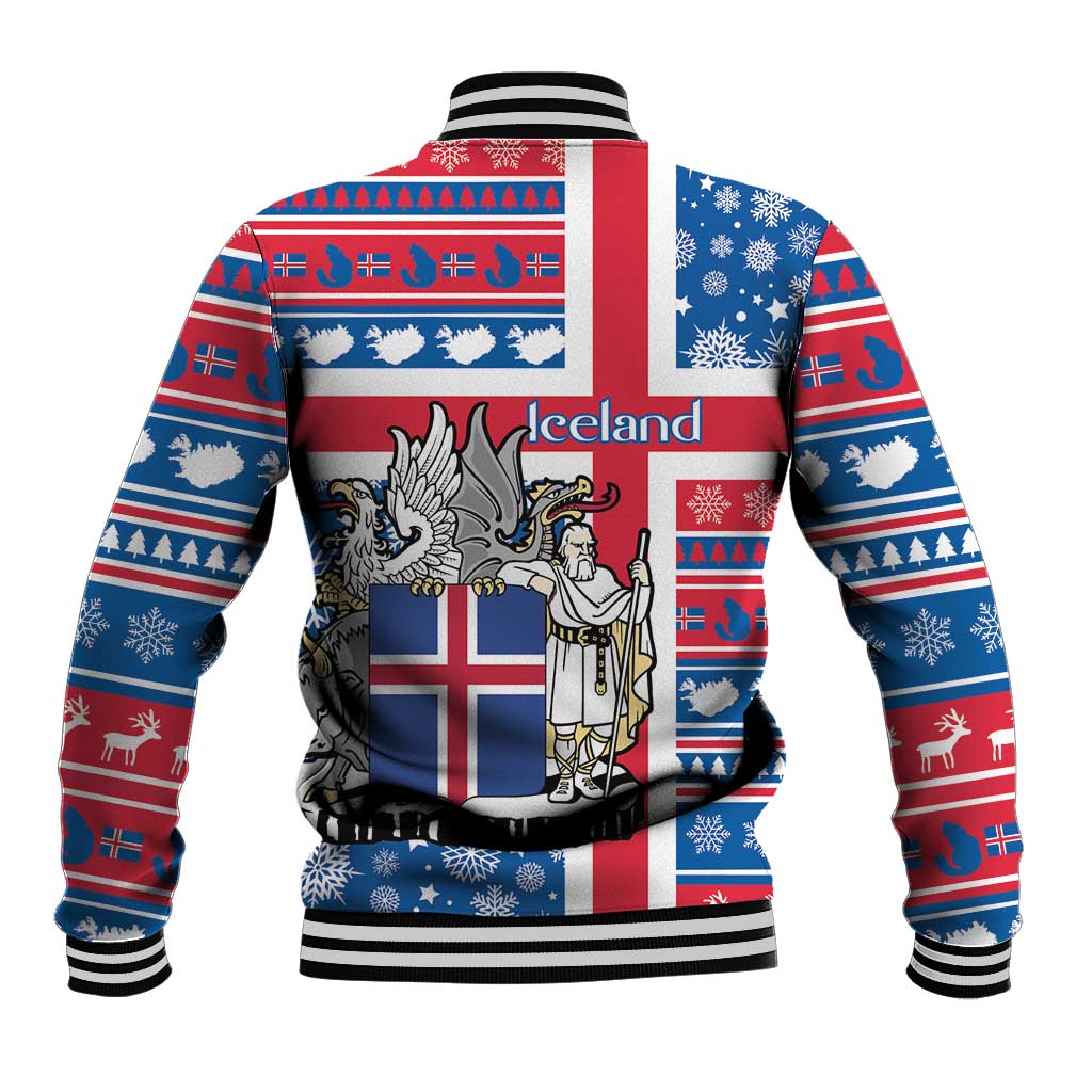 Baseball jacket back with large Iceland graphic, blue/red/white, ribbed collar and cuffs