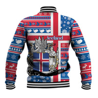 Baseball jacket back with large Iceland graphic, blue/red/white, ribbed collar and cuffs