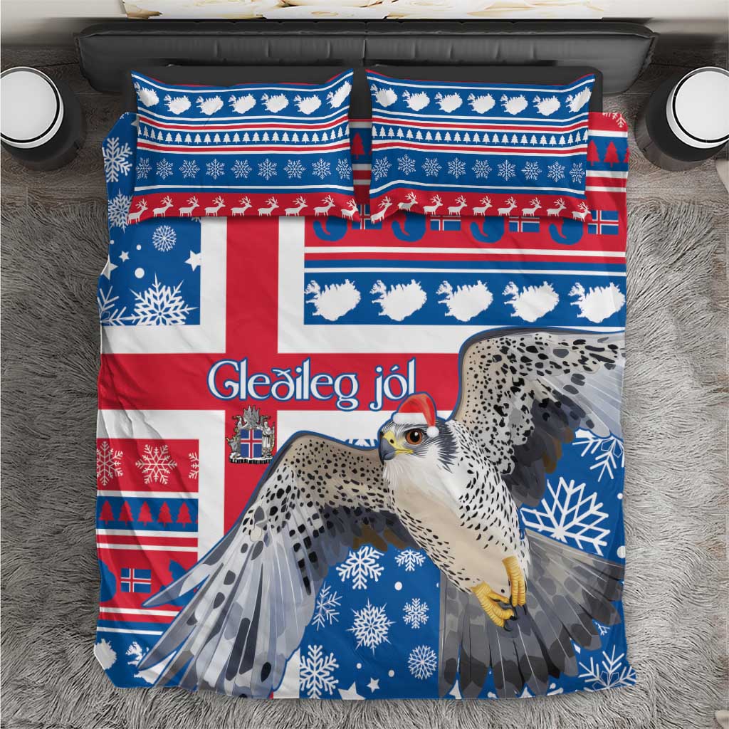 Icelandic Christmas bedding set with blue and red Nordic patterns, snowflakes and a falcon