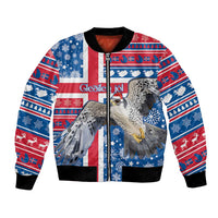 Unisex blue bomber jacket with zip front, ribbed cuffs, and bird holiday graphic