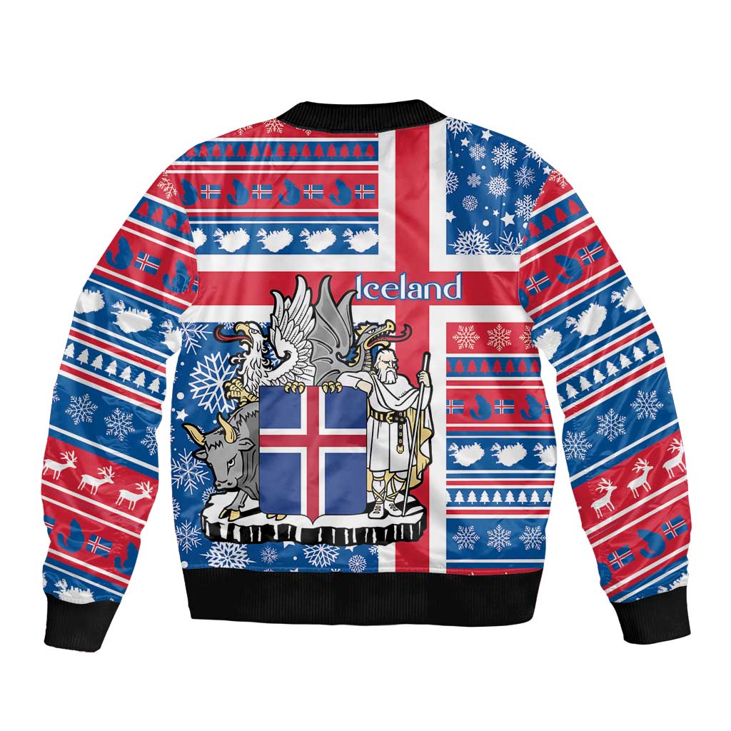 Unisex blue bomber jacket with zip front, ribbed hem, and Iceland flag holiday graphic