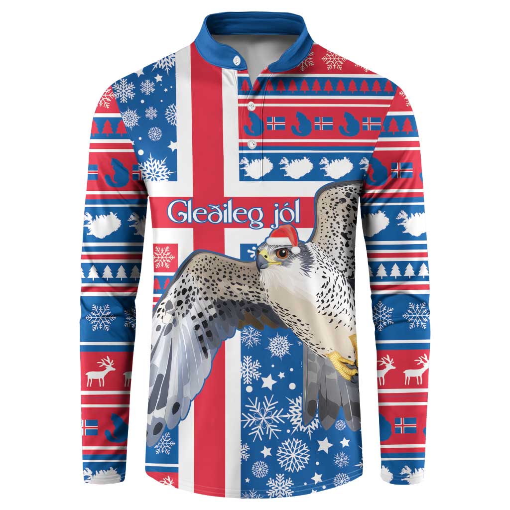 Blue button-up Christmas sweatshirt with winter stripe print and falcon graphic