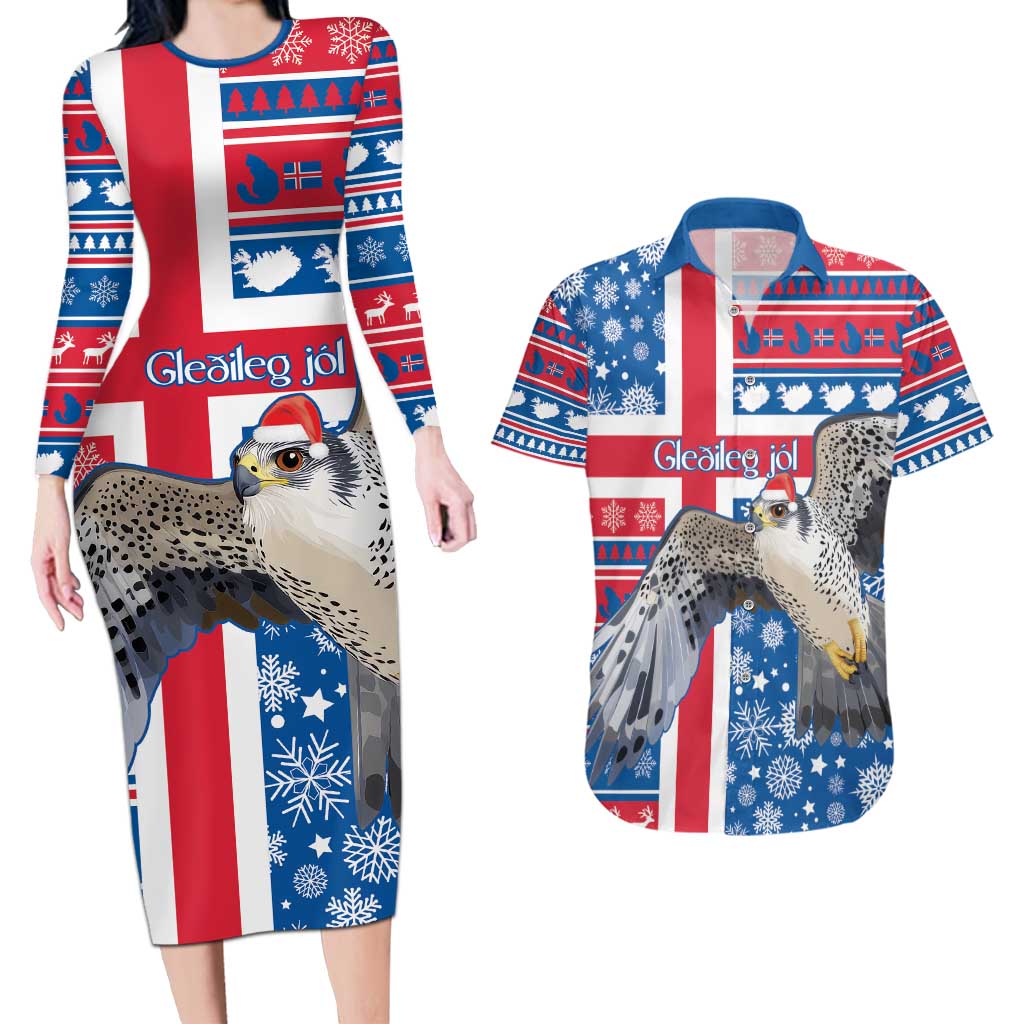 Iceland Christmas Couples Matching Long Sleeve Bodycon Dress and Hawaiian Shirt Gyrfalcon Santa Merry Xmas - Wonder Print Shop